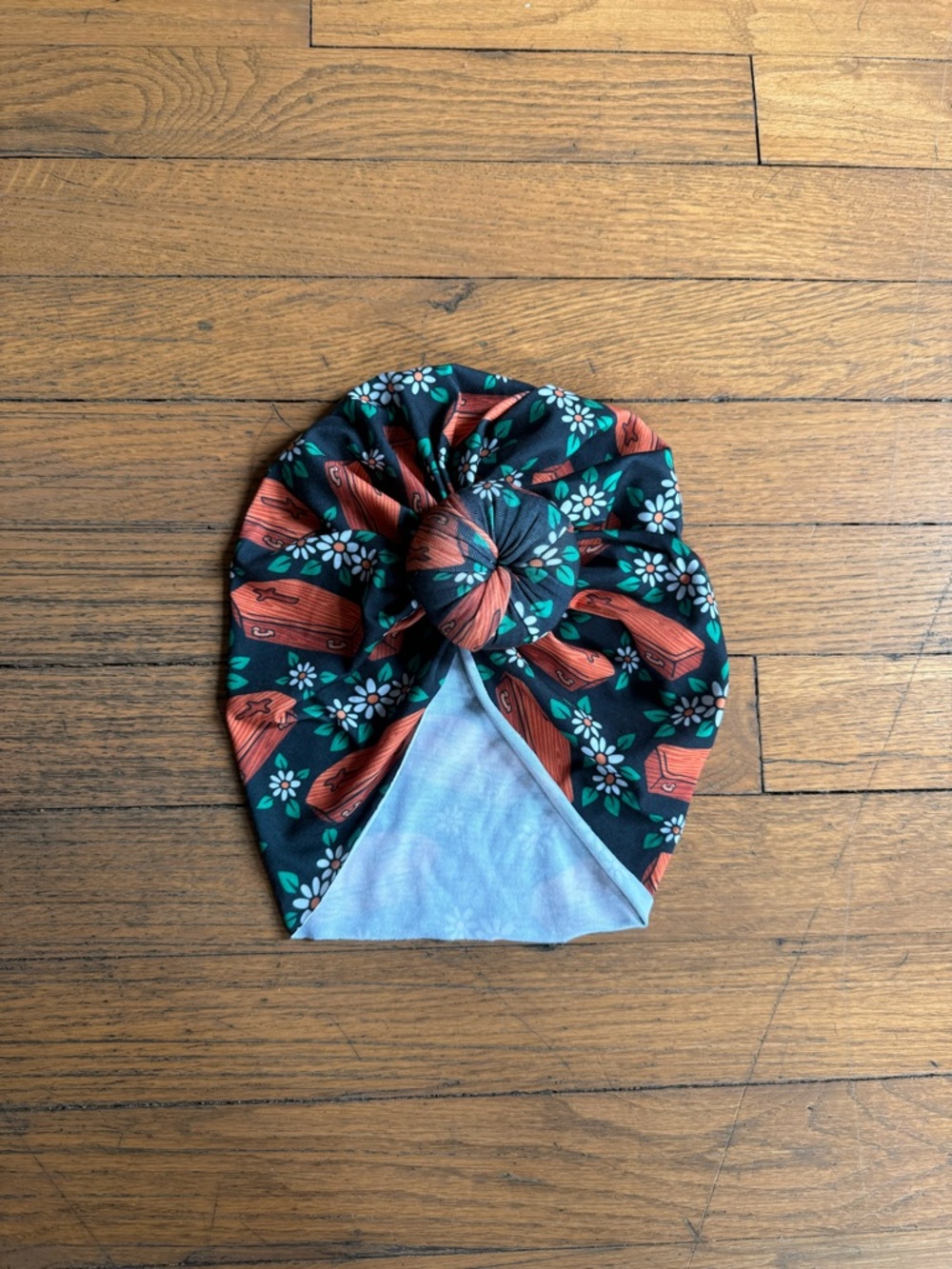 Floral Knot Turban in Black with Rust Wood coffin Accents